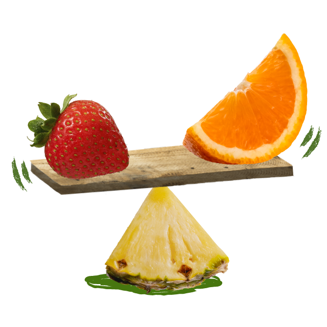 a strawberry and an orange on a see-saw