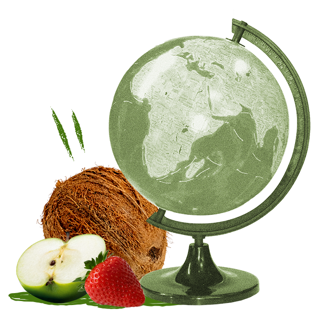a globe with a coconut, an apple and a strawberry